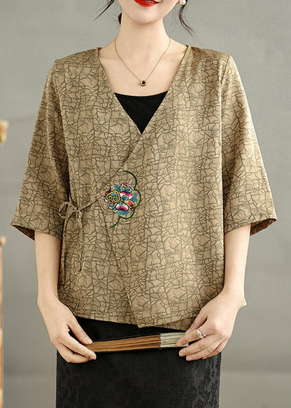 Khaki Silk Blouse Tops Embroidered Tie Waist Summer