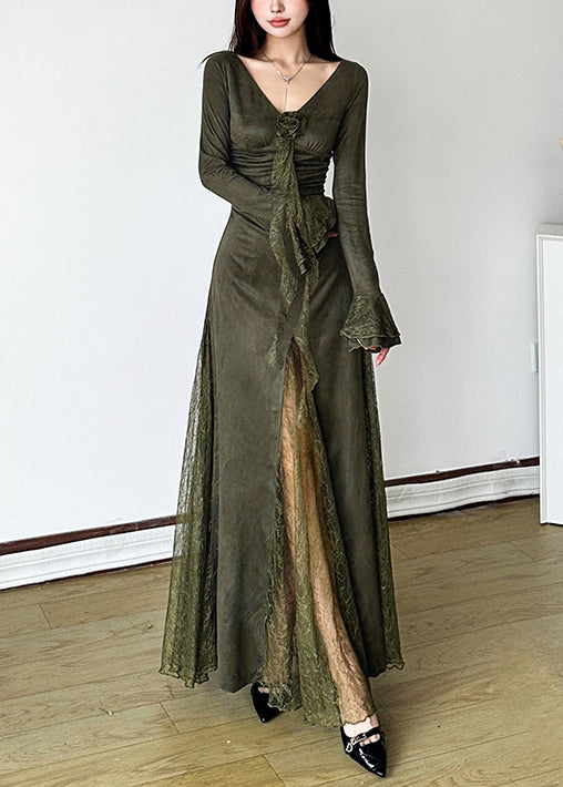 Blackish Green Patchwork Lace Long Dress Flare Sleeve