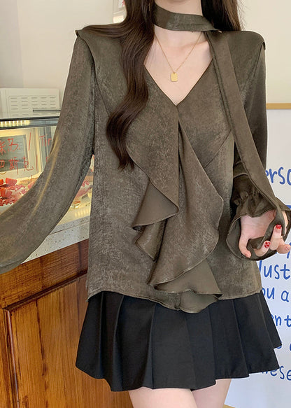 Tea Green V Neck Ruffles Chiffon Tops Fall