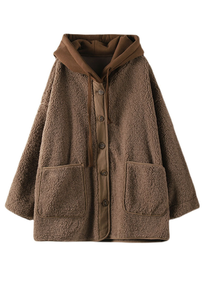 Coffee Fake Two Piece Fine Cotton Filled Teddy Faux Fur Jackets Hooded Drawstring Winter