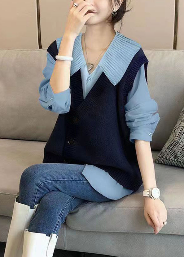 Autumn New Shirt Top and Knitted Vest Two Piece Loose