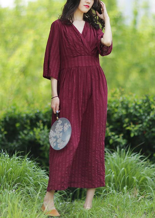 Style V Neck Tie Waist Linen Clothes Ideas Burgundy Dresses