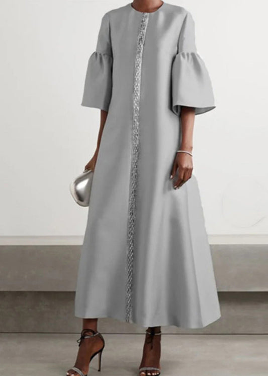Grey O Neck Patchwork Cotton Long Dress Summer