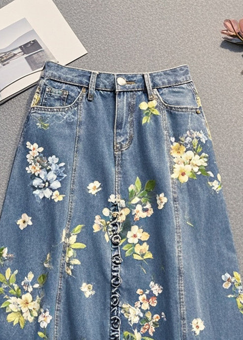 Blue Ruffled Print Denim Skirt Fall