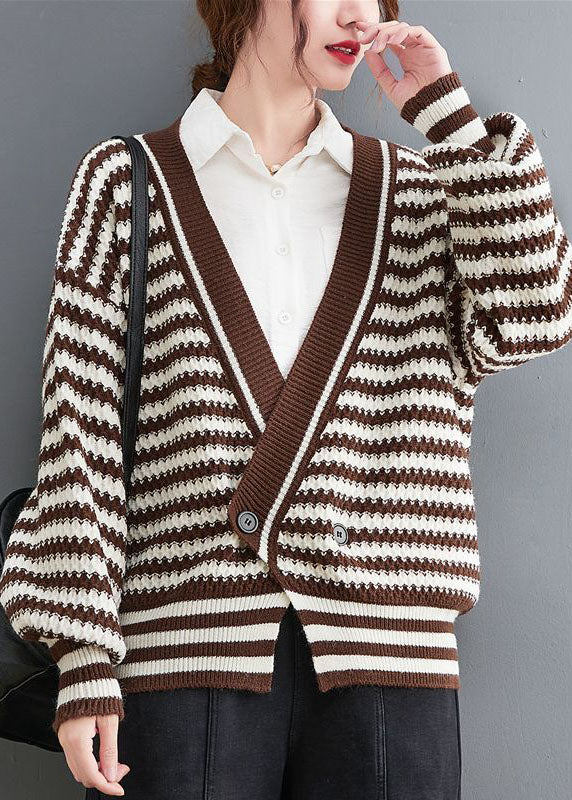 Coffee V Neck Striped Cozy Knit Coat Outwear Spring