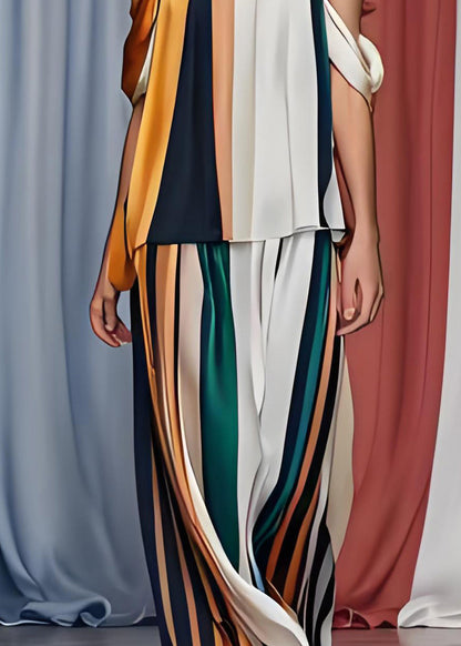 French Cold Shoulder Striped Silk Tops and Pants Set Sleeveless
