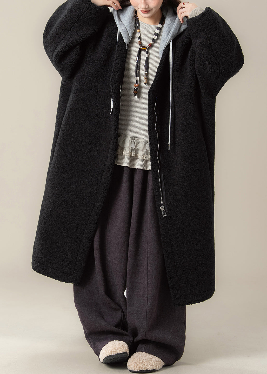 Black Hooded Zippered Patchwork Teddy Faux Fur Coat Winter