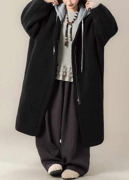 Black Hooded Zippered Patchwork Teddy Faux Fur Coat Winter