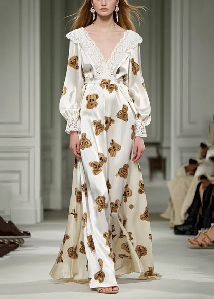 Little Bear Print Patchwork Lace Silk Long Dress Spring
