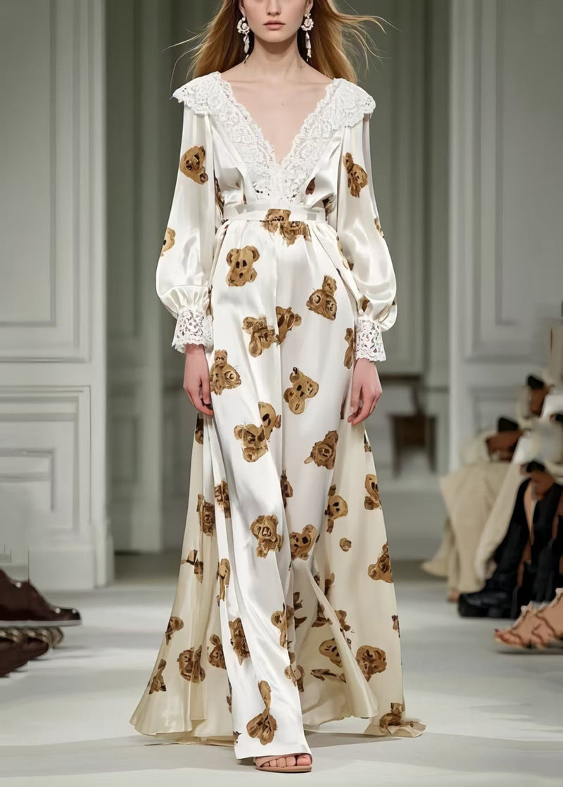 Little Bear Print Patchwork Lace Silk Long Dress Spring
