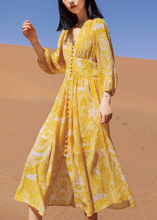 Yellow V Neck Print Chiffon Long Dresses Fall