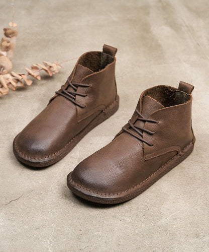 Coffee Boots Cowhide Leather Warm Fleece Fine Lace Up Flat Boots