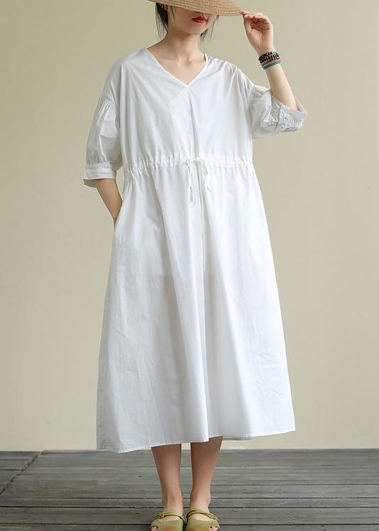 100% White Cotton Tunic Pattern V Neck Drawstring Maxi Dress