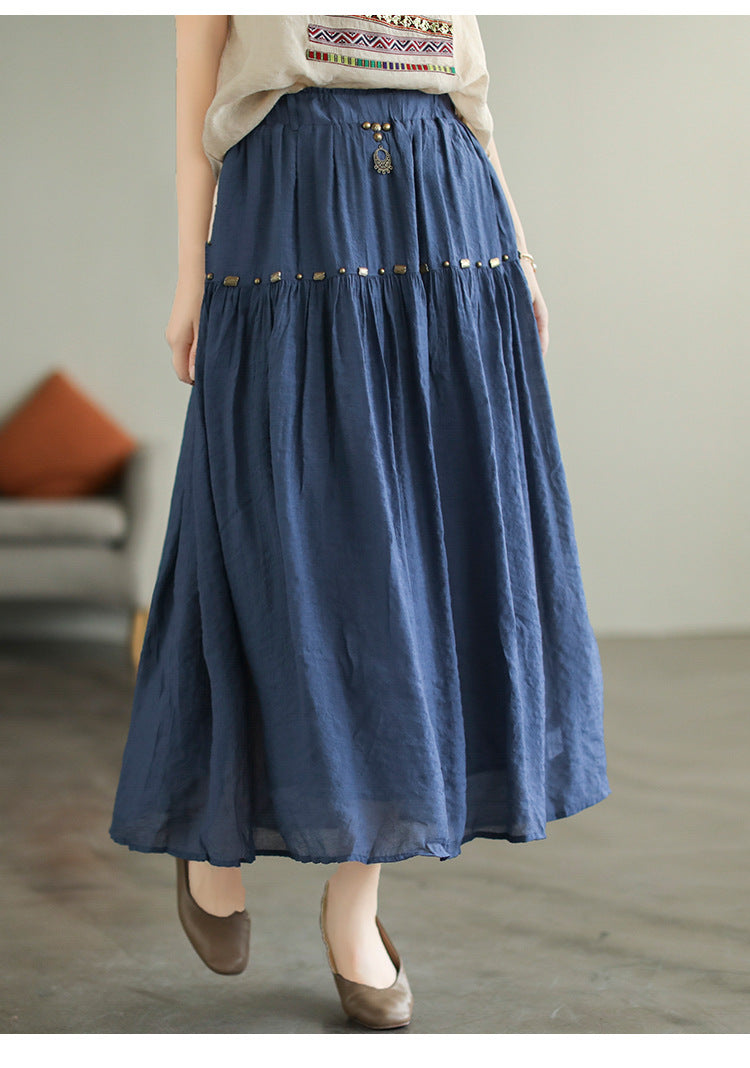 Literary High Waist Double Layer Tencel Linen Stitching Slim Skirt
