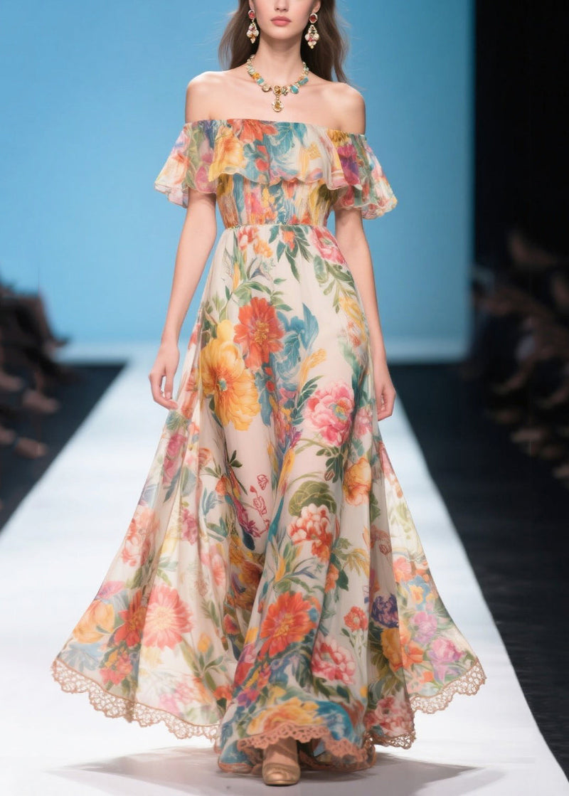 Khaki Cold Shoulder Print Chiffon Long Dress Summer