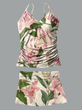 Pink Lily V-Neck Vintage Flowers Print Suspender Skirt Tankini Pantskirt Set Swimsuit
