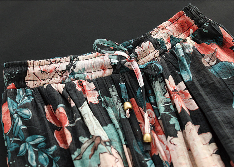 Literary Tencel Linen Print Slim A-line Skirt