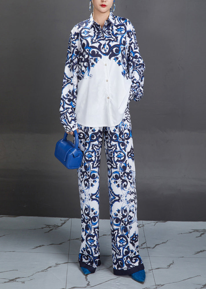 Modern Blue Peter Pan Collar Print Shirts and Straight Pants Two Piece Suit Set Fall