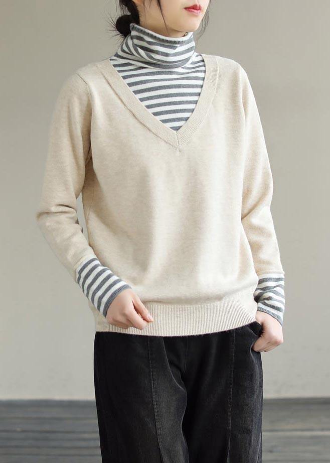 Comfy Beige Blouse Patchwork High Neck Knitted Blouse