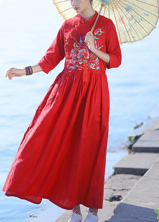 Red Embroidery Linen Robes V Neck Drawstring Summer Dresses