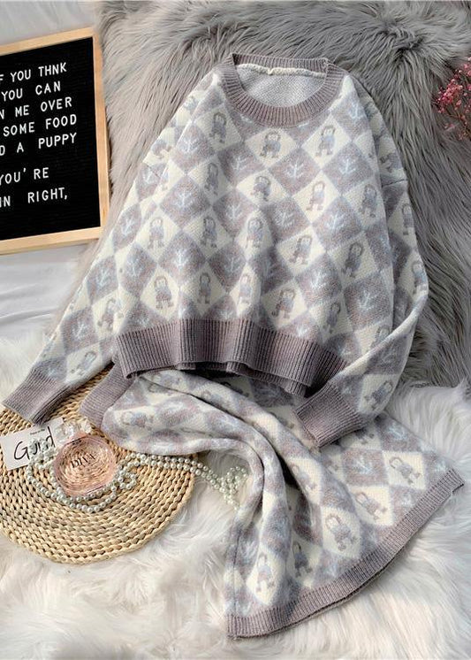 Autumn and Winter New Temperament Cartoon Pattern Sweater Set Round Neck Sweater Half Skirt Two-piece Set