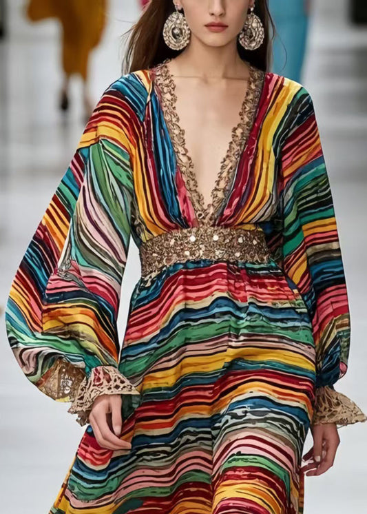 Polychrome Striped Chiffon Long Dress Lantern Sleeve