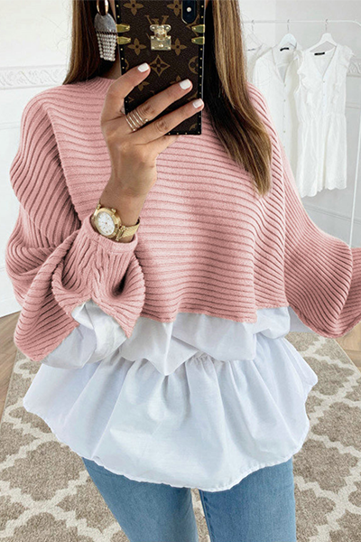 Patchwork Fold Contrast O Neck Tops