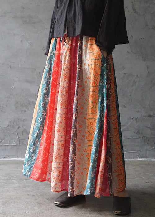 Colorblock Elastic Waist Drawstring Pocket Linen Skirts Spring