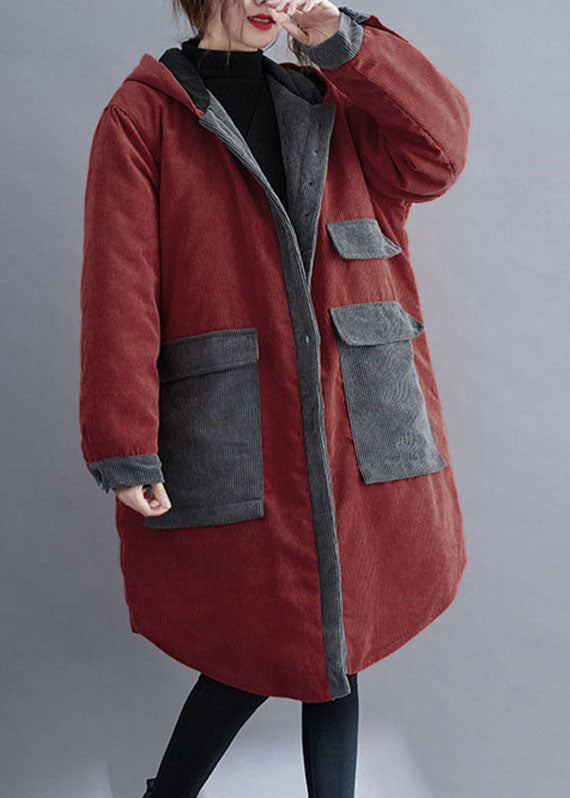 Red Hooded Button Corduroy Winter Cotton Long Coat Sleeve