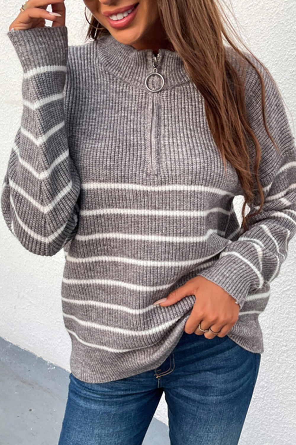 Striped Zipper Contrast Sweater