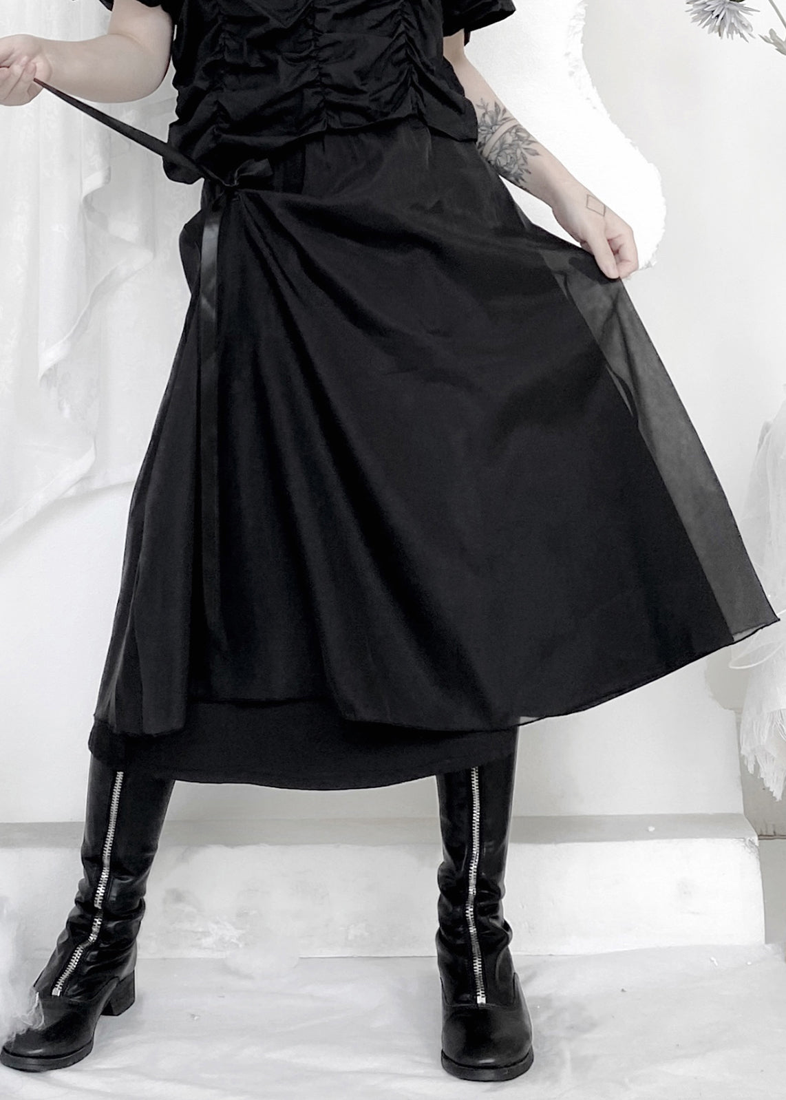 Organic Black Patchwork Wrinkled Tie Waist Tulle a Line Skirts Summer