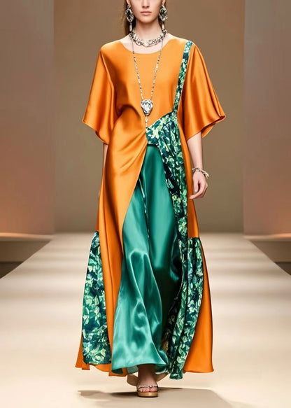 Unique Caramel Asymmetrical Patchwork Silk Long Dress Summer