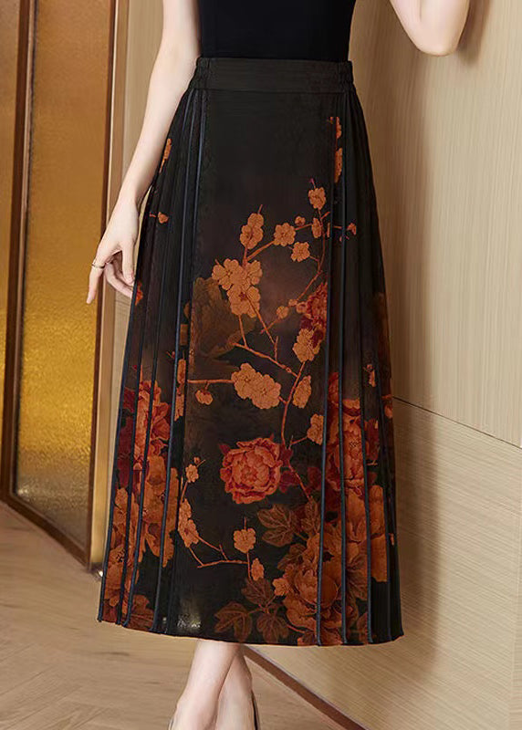 Blue Print Wrinkled High Waist Silk Skirt Spring