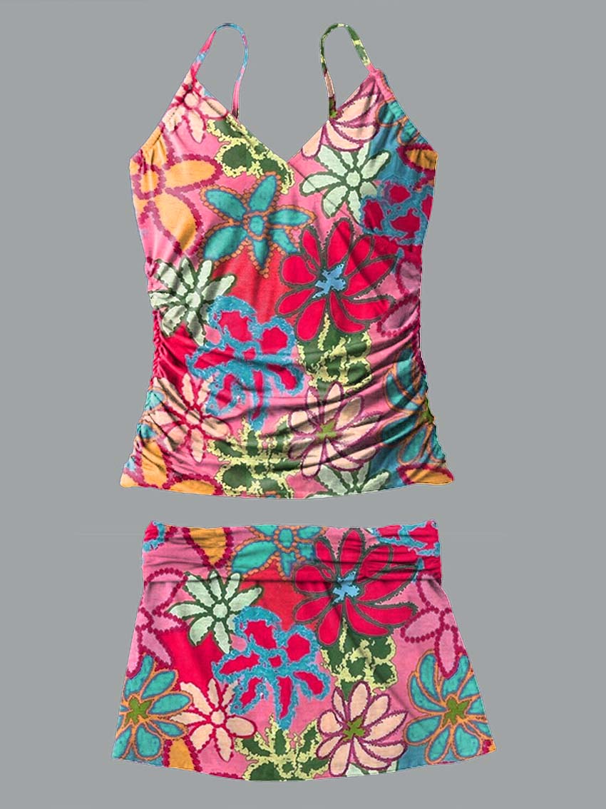 V-Neck Colorful Pride Outfits Floral Print Suspender Skirt Tankini Pantskirt Set Swimsuit