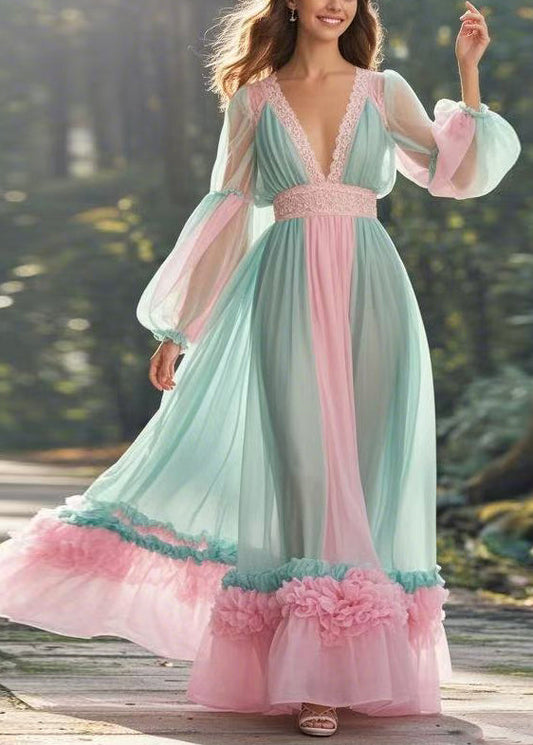 Green V Neck Ruffled Patchwork Chiffon Long Dress Spring