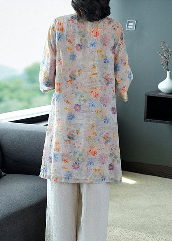 Pink Patchwork Tops and Pants Linen Two Pieces Set Button Summer