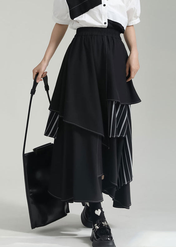 Black Striped Asymmetrical Patchwork Cotton Skirts Summer