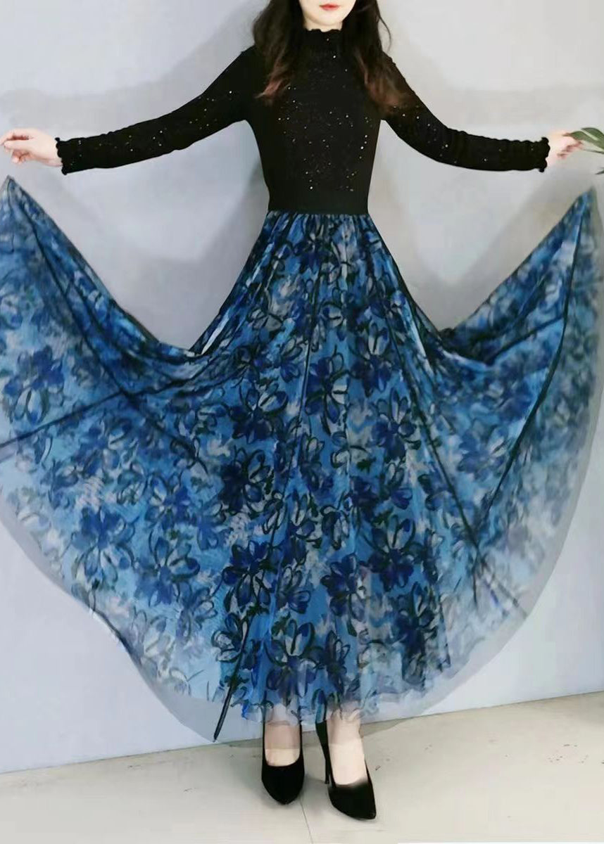 Blue Print Wrinkled High Waist Tulle Skirt Spring