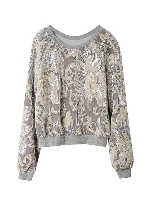 Handmade Grey O-neck Embroidered Sequins Velour Sweatshirt Fall