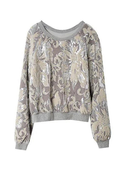 Handmade Grey O-neck Embroidered Sequins Velour Sweatshirt Fall