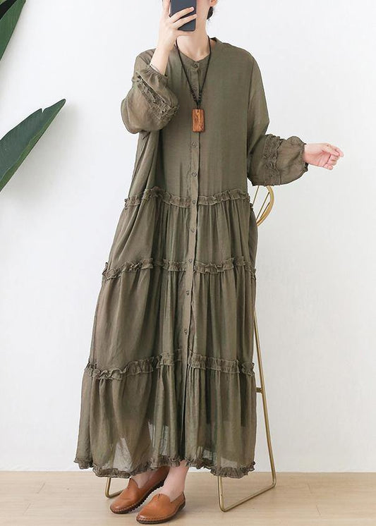 Organic Stand Collar Cinched Outfit Tutorials Army Green Dresses