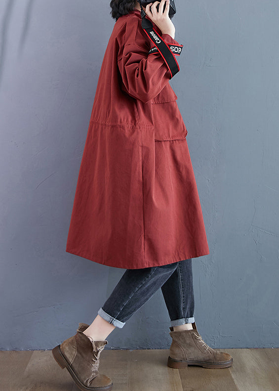 Brick Red Zip Up Pockets Patchwork Cotton Trench Coats Fall