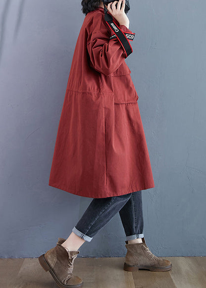 Brick Red Zip Up Pockets Patchwork Cotton Trench Coats Fall
