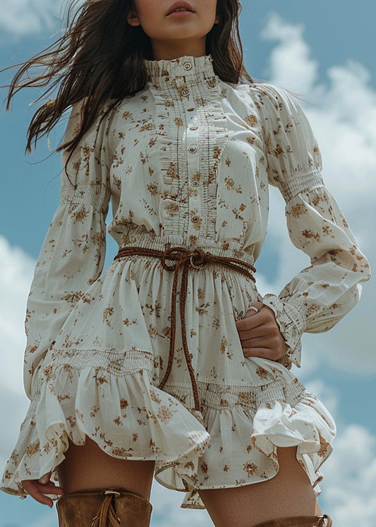 White Ruffled Print Patchwork Cotton Dress Long Sleeve