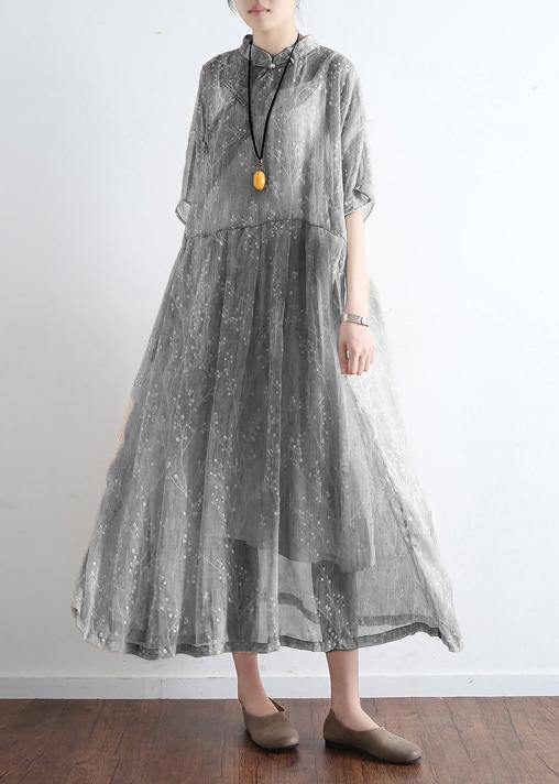 French Light Gray Cotton Dresses Mom Inspiration Stand Collar Art Summer Dress