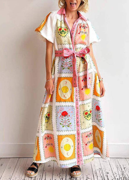 Peter Pan Collar Tie Waist Maxi Shirts Dress Short Sleeve
