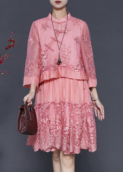 Pink Embroidered Patchwork Tulle Oriental Dress Spring