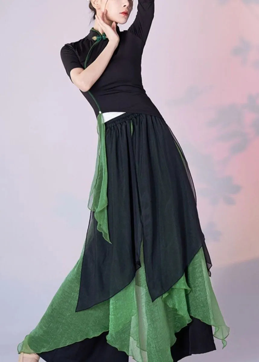 Chinese Style Green Tops and Skirts Silk Two-piece Set Summer