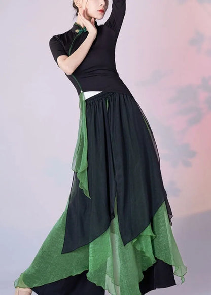 Chinese Style Green Tops and Skirts Silk Two-piece Set Summer
