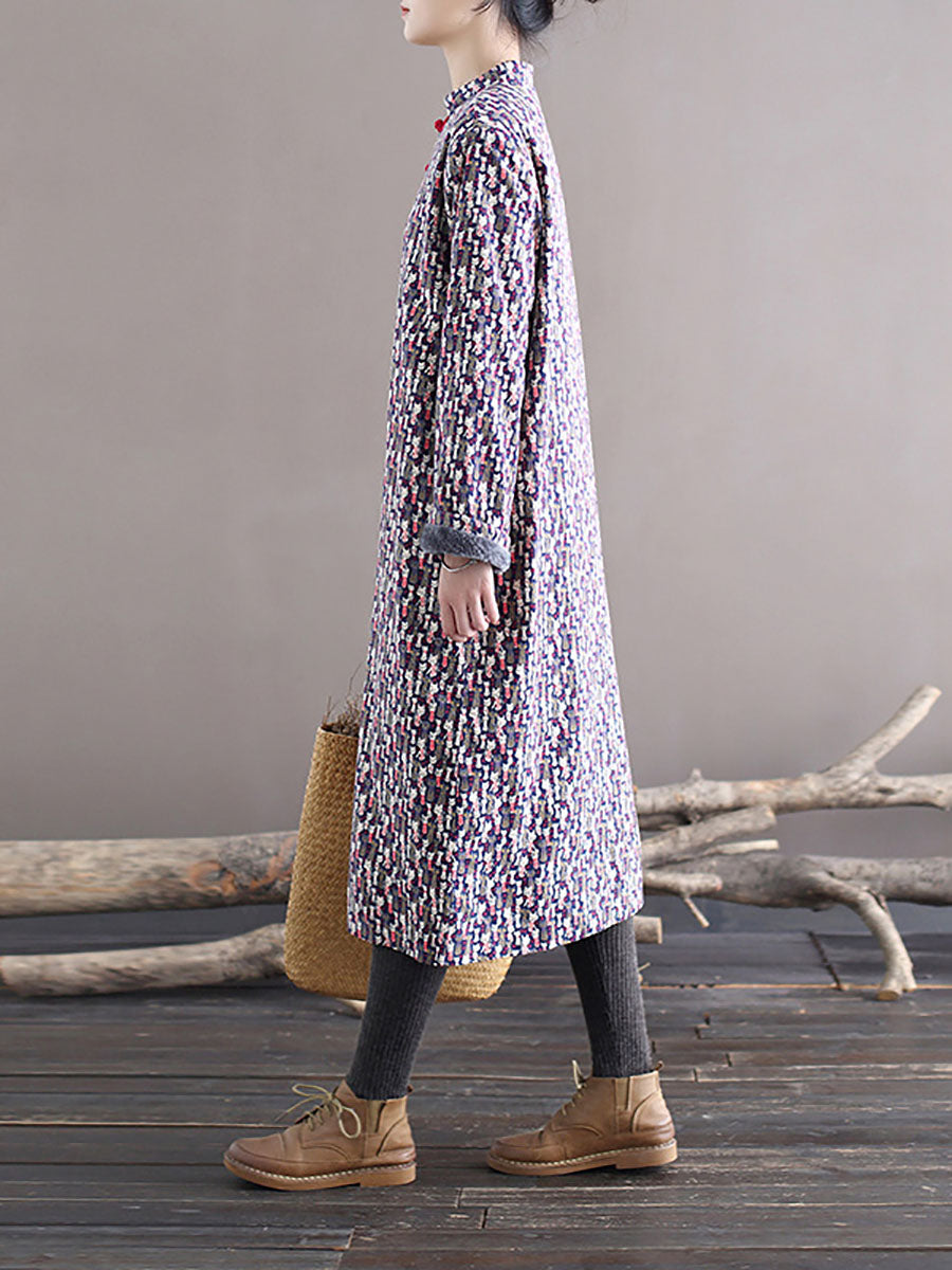 Winter Chinese Print Frog Thick Long Dress